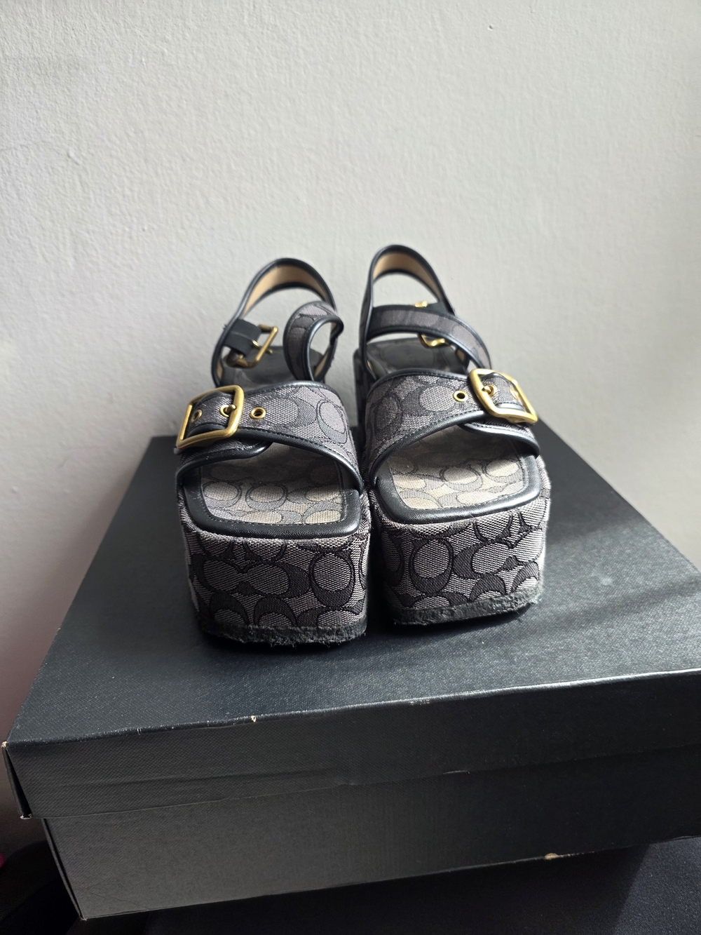 Coach Black Signature Canvas Platform Sandals with Gold Buckles